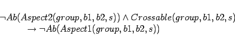 \begin{displaymath}
\begin{array}[l]{l}
\lnot Ab(Aspect2(group,b1,b2,s)) \land...
...d\quad \rightarrow \lnot Ab(Aspect1(group,b1,b2,s))
\end{array}\end{displaymath}