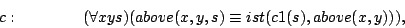 \begin{displaymath}
c:\quad\quad\quad\quad (\forall x y s)(above(x,y,s) \equiv ist(c1(s),above(x,y))),
\end{displaymath}