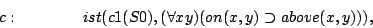 \begin{displaymath}
c:\quad\quad\quad\quad ist(c1(S0),(\forall x y)(on(x,y)\supset above(x,y))),
\end{displaymath}